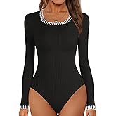 MEROKEETY Women's Long Sleeve Ribbed Knit Bodysuits Scoop Neck Slimming Fit Fall Trendy Sweater Tops