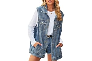 Gratoryna Womens Denim Jean Vest Oversized Sleeveless Button Down Mid Long Denim Jean Jacket