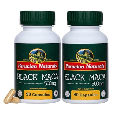 Organic Black Maca 500mg - 180 Capsules - Peruvian Naturals | Certified-Organic Black Maca Root Powder from Peru for Vitality and Stamina