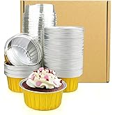 Lewarm Disposable Muffin Pans with Lids, 5 oz Mini Cake Pans for Cupcake, Multi-purpose Aluminum Foil Baking Cup, Premium Dessert Cups, Creme Brulee Ramekins Oven Safe, 60 Pack