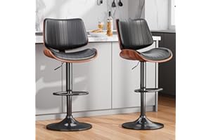 REONEY Swivel Bar Stools Set of 2, Adjustable Bentwood Barstools for Kitchen Counter, Mid-Century Modern PU Leather Upholstered Bar Chair with Back and Footrest, for Kitchen Island, Bar, Dining Room, Black