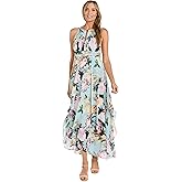 R&M Richards Women's Aqua Floral Metallic Chiffon Maxi Dress W/Hankie Hem & Halter Keyhole Neck |Flowy Daytime Semi-Formal