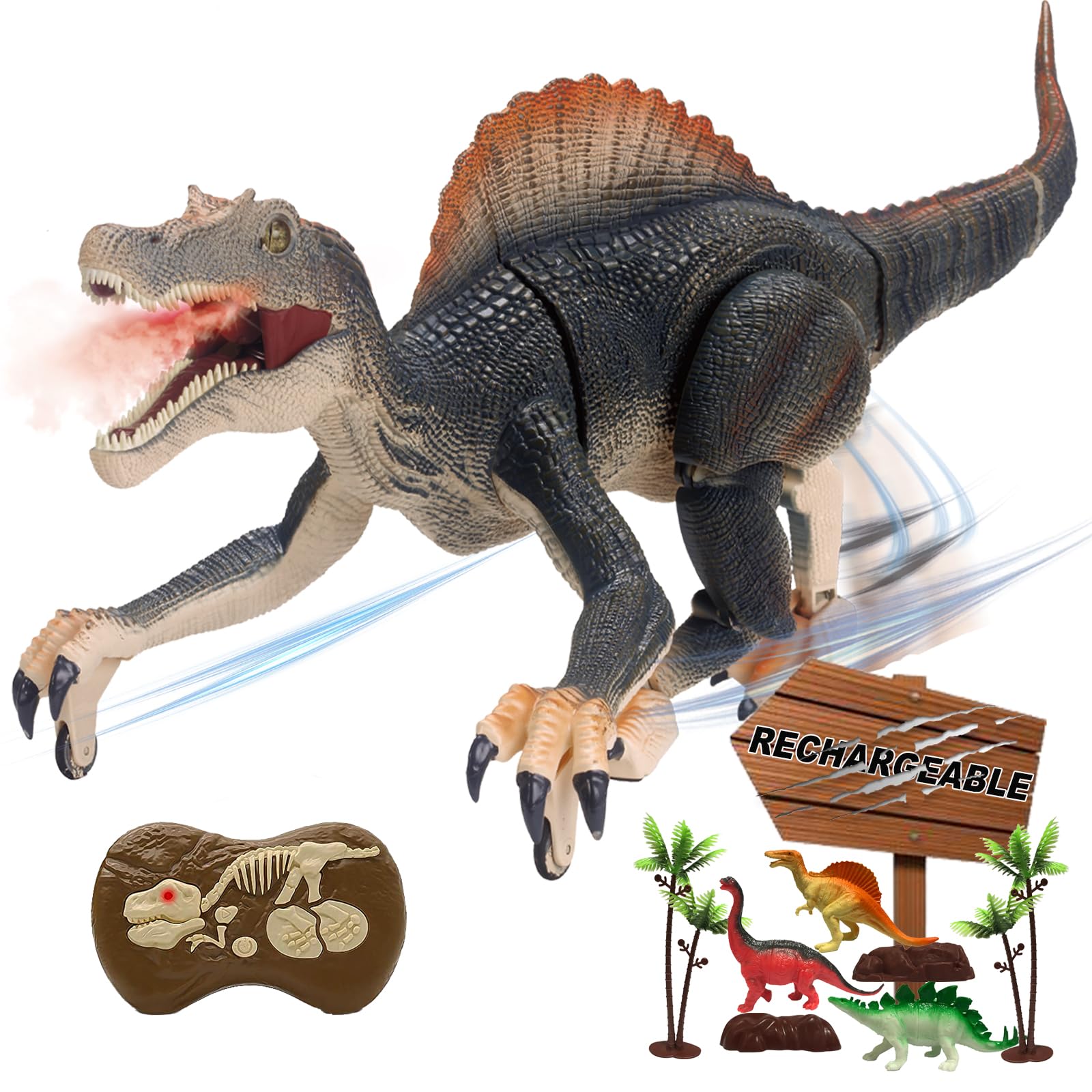 BUBUQE Remote Control Dinosaur Toys for Boys Electronic RC Spray Raptor Toy Walking Roaring Jurassic Spinosaurus Realistic 18.1" Dino Rechargeable Birthday Gift for Kids — image 1