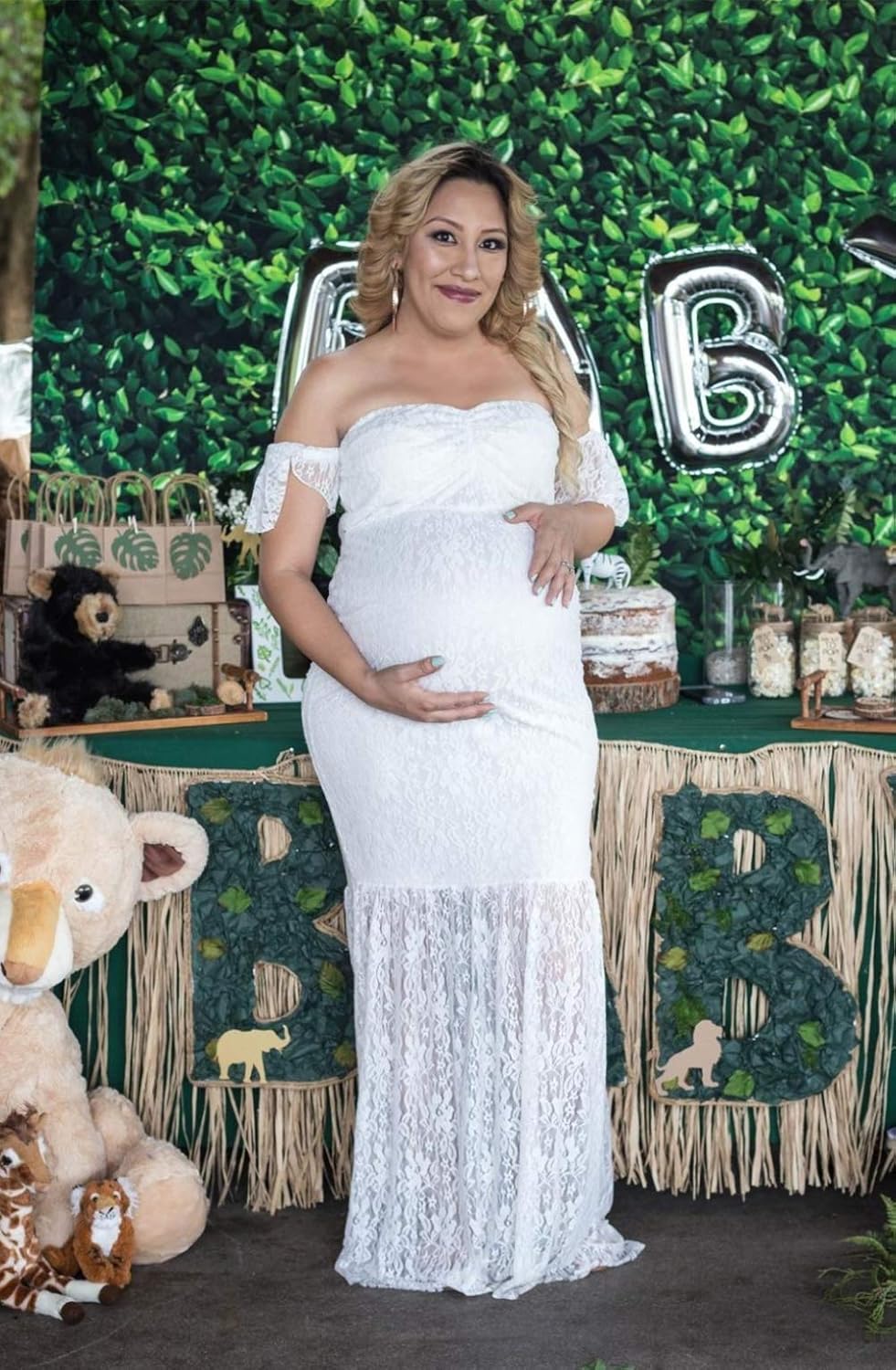ZIUMUDY Women's Off Shoulder Ruffle Sleeve Lace Mermaid Maternity Baby Shower Gown Maxi Photography Dress at  Women’s Clothing store