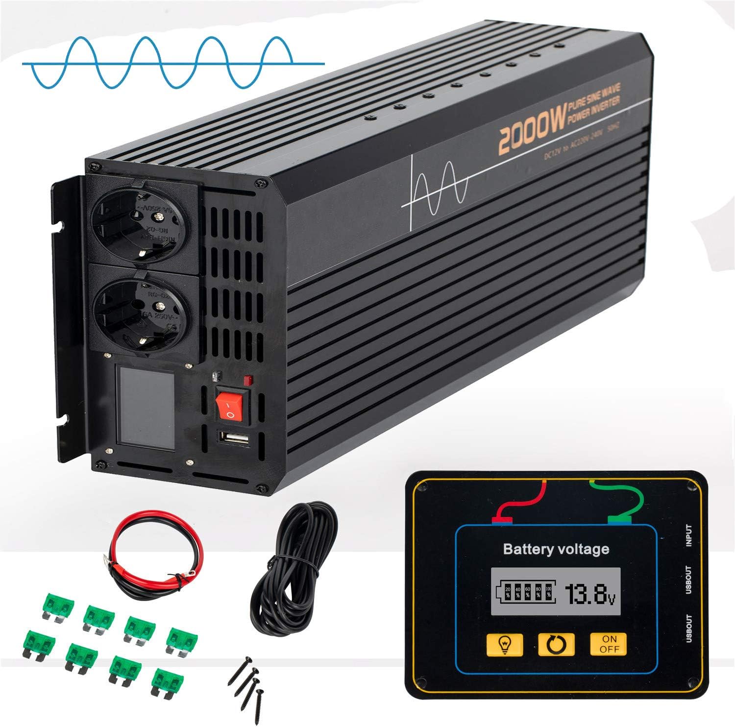 Pure Sine Wave Inverter, Continuous Output 2000W Car Inverter, 24V to 120V 230V Converter-with Socket and USB Port, Peak Power 4000W