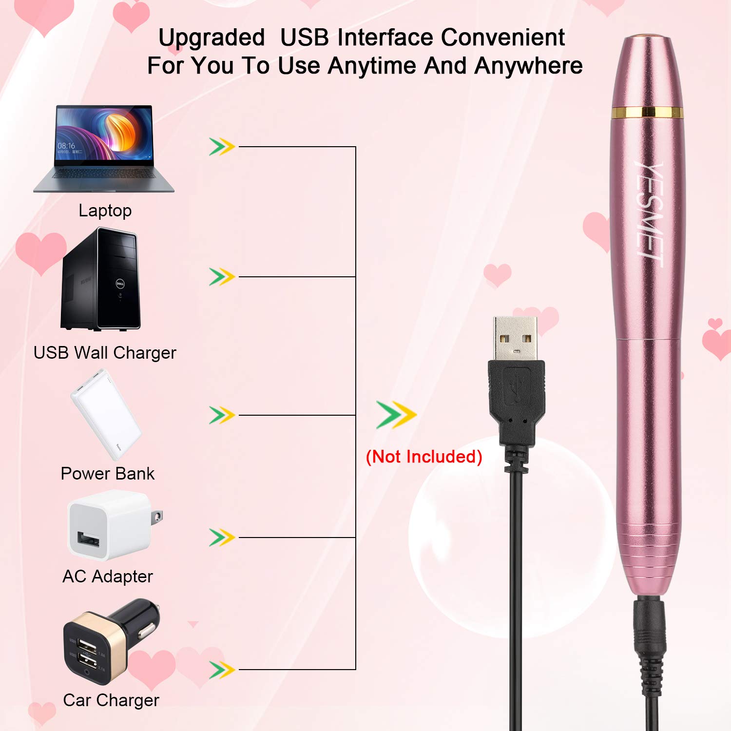 Portable Electric Nail Drill,YESMET Professional 17000RPM USB Nail Tools Set For Gel Nails,Acrylic Nail,Manicure Pedicure Tools With 11 Nail Drill Bits,Sanding Bands,Nail Brush,Home Salon Use,Gold: Beauty