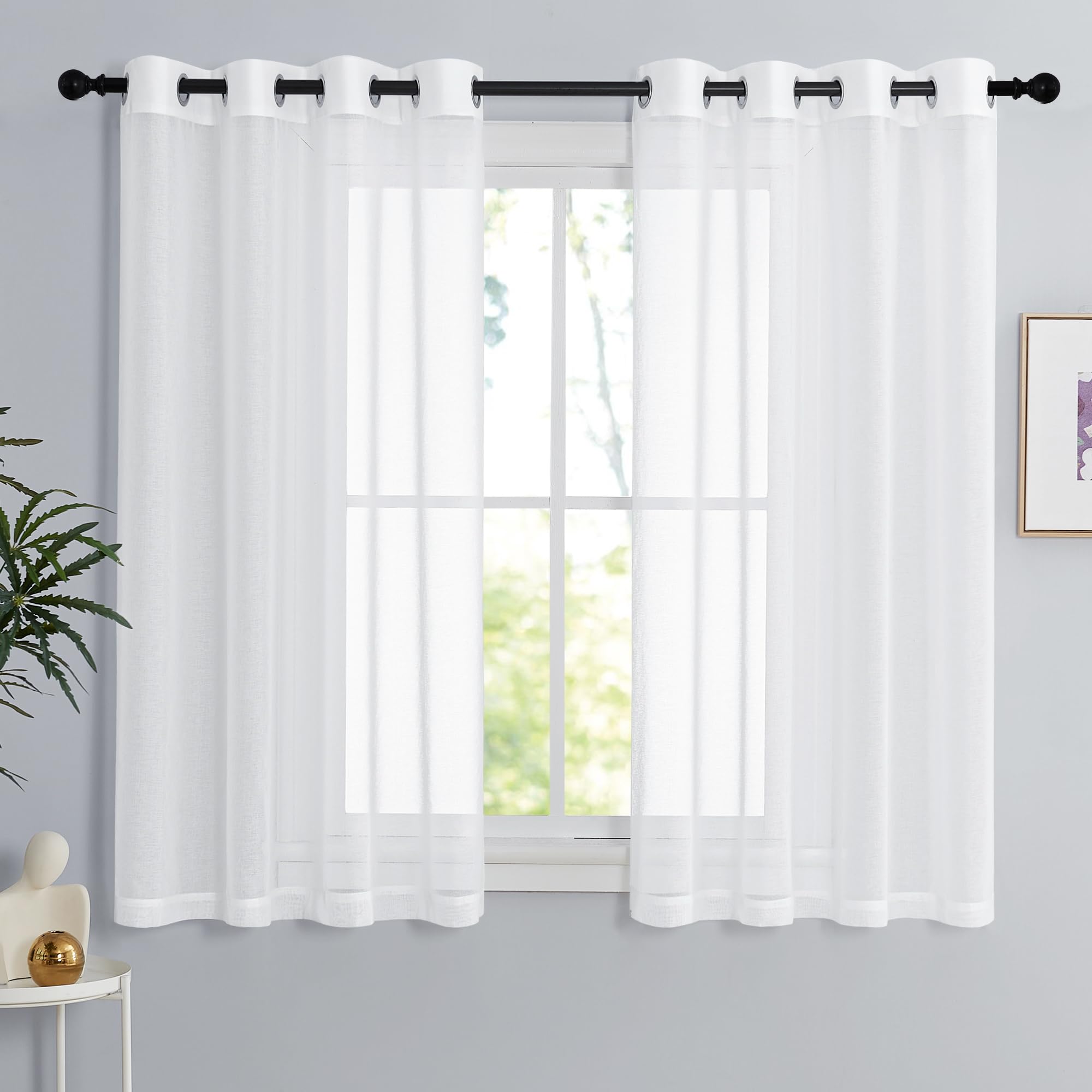 PONY DANCE Voile Curtains Living Room Modern Short Eyelet Curtain Set of 2, 55 x 57 Inch Drop Linen Look Curtain White Semi-Transparent Airy and Translucent Curtains Living Room Decoration