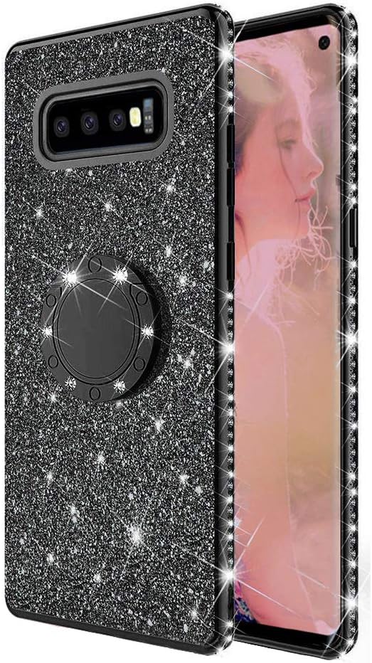 ANERNAI Compatible with Samsung Galaxy S10e Case Bling Case, Glitter Cute Girls Women Diamond Rhinestone Bumper Ring Kickstand Protective Durable TPU Cover (Black)