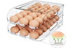 SMRCAD Egg Holder for Fridge, Automatic Steady Rolling Egg Dispenser with Silicone Bumpers & Handle for Refrigerator, Large Capacity Egg Organizer with Lid