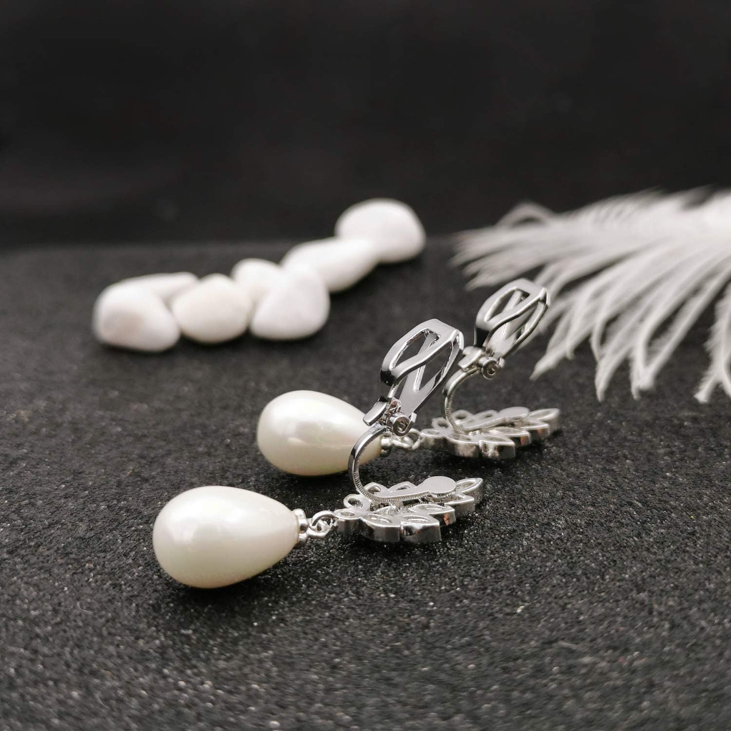 QUKE Leaf Shape Clip On Earrings for Women Cubic Zirconia Simulated Pearl Bridal Non-Pierced Dangle Jewellery - Image 5