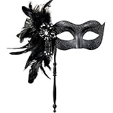 MYSEUNI 2025 New Masquerade Mask for Women with Stick - Shiny Women's Feather Mardi Gras Venetian Mask for Costume Accessory