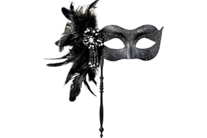 MYSEUNI 2025 New Masquerade Mask for Women with Stick - Shiny Women's Feather Mardi Gras Venetian Mask for Costume Accessory