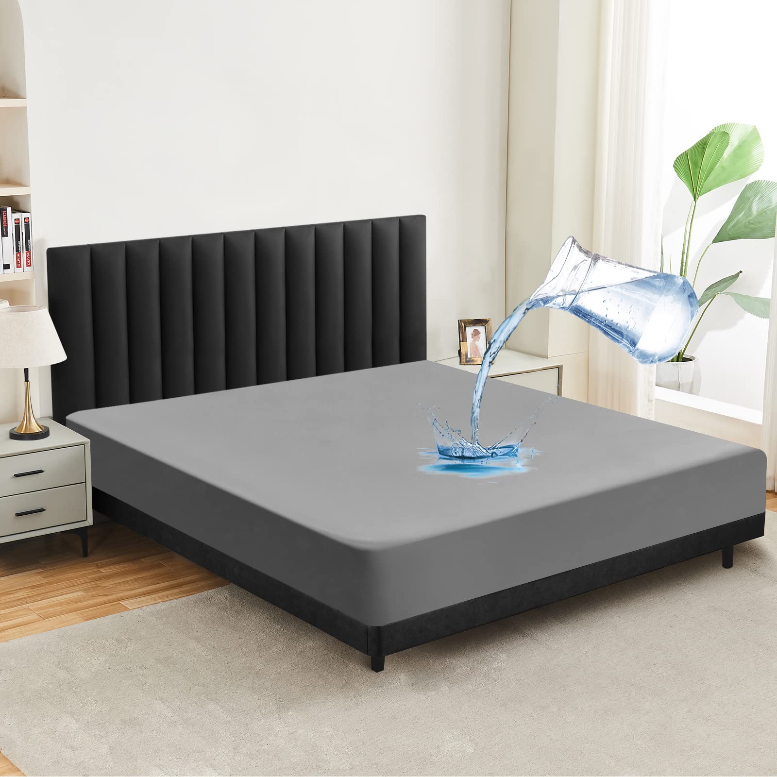 mafudoxi Waterproof Mattress Protector Fitted Sheet,30cm Deep Pocket Bed Sheet, Ultra Soft Smooth and Wrinkle-Resistant, Easy Care Breathable Sheets (Grey, 180 x 200 +30cm)