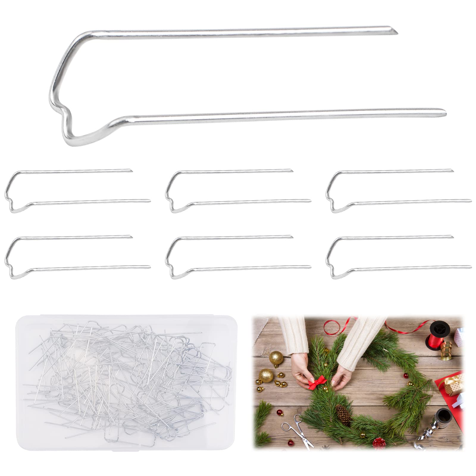 URROMA 100Pcs Floral Pins, Double Blocking U-Pins Garden Pegs Fork Pin for Christmas Wreaths DIY Fabric Sewing Jewelry Display(45 * 14mm/1.8 * 0.6in Silver)