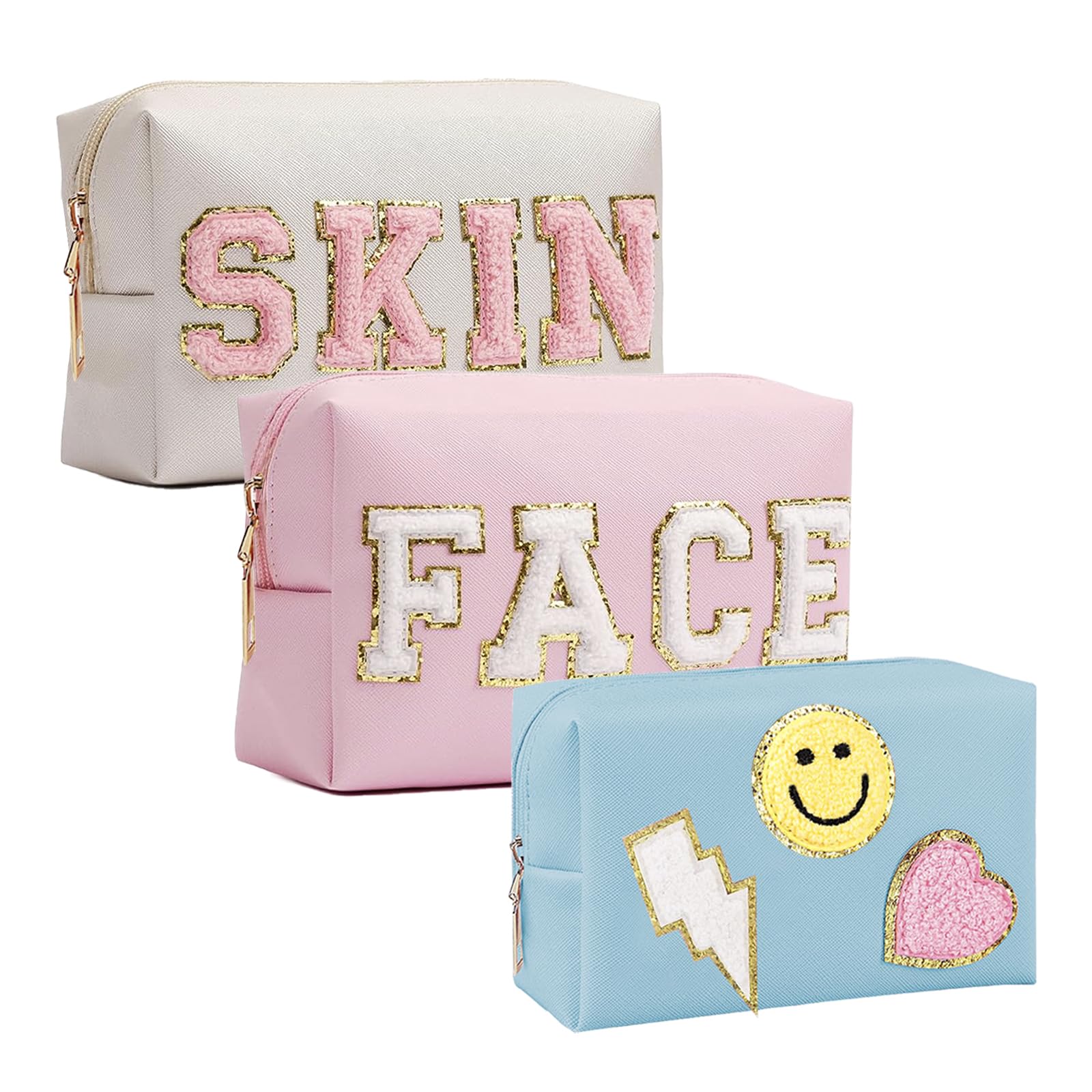 GEMLORD 3 Pieces Preppy Patch Makeup Bag, Small Chenille Letter Cosmetic Bag, PU Leather Waterproof Zipper Skin Care Toiletry Bags for Teen Girls, Portable Preppy Gift for Women(White, Blue, Pink),