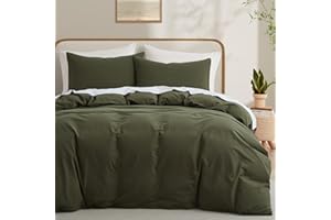 LOVQUE Olive Green Cotton Duvet Cover Queen Size, Linen Like Natural Bedding Set with Zipper Closure (No Comforter), 90x90 Inches
