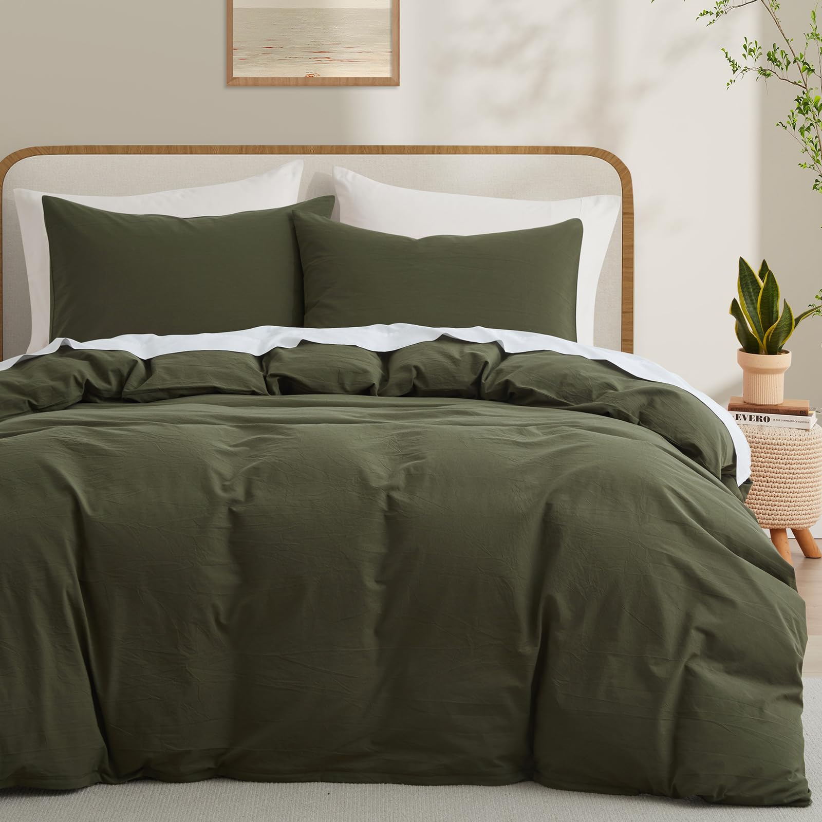 Photo 1 of LOVQUE Olive Green Cotton Duvet Cover Twin Size, Linen Like Natural Bedding Set with Zipper Closure (No Comforter), 68x90 Inches