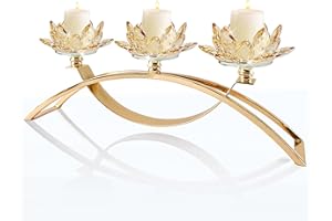 KOLNLALA Tabletop Flower Crystal Candelabra with 3arm,Decorative Crystal Lotus Flower Candle Holder,Table Décor for Pillar candle1.5''(Gold)