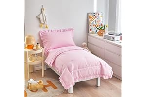 UOZZI BEDDING 4 Pieces Pink Toddler Bedding Set with Ruffle Fringe, Solid Color Toddler Bed Set - 1 Toddler Comforter + 1 Fitted Sheet +1 Flat Sheet +1 Pillowcase for Baby Boys and Girls