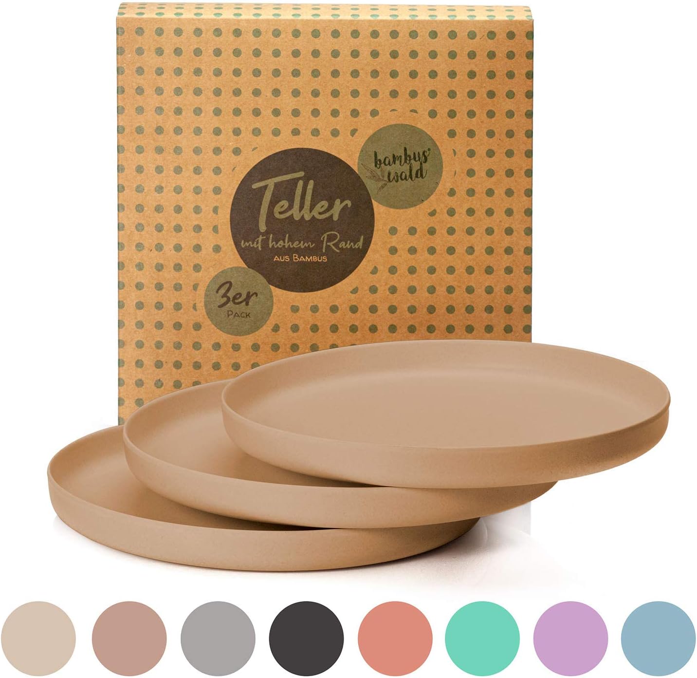 bambuswald© Sustainable Bamboo Plates with A Raised Rim - 3 Pack Round Ø 22cm - Dishwasher Safe & Lightweight Dinner Plates | Reusable Tableware Ideal for Picnic, Camping Or at Home