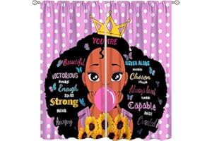 SXXLDNG African Black Girl Kids Curtains,Afro Black Girl Sunflower Window Treatments for Kids Girls Bedroom, Cute Girl Big Hair Pink Curtains 2 Panel Sets,42x54 Inch Decor