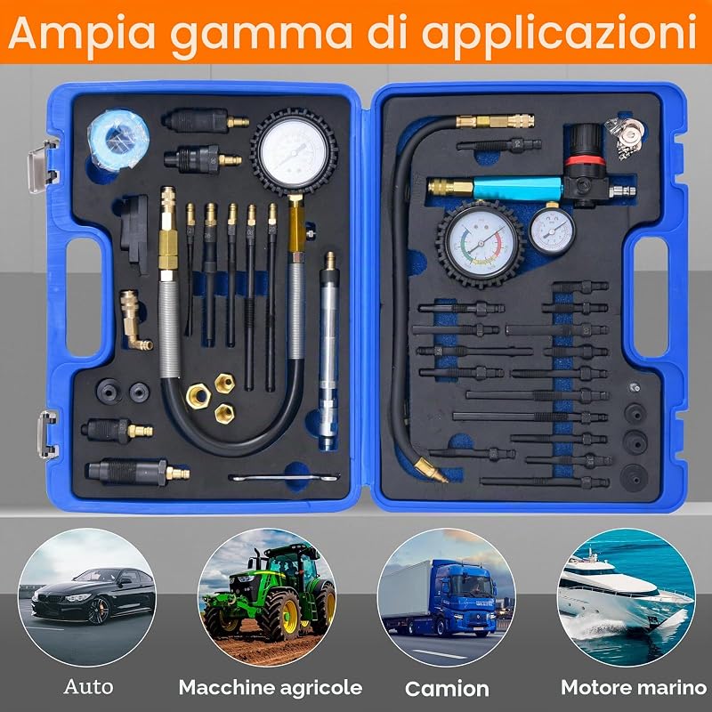 46pz Tester Compressione e Perdite per Motori a Benzina & Diesel, Prova Compressione Motore, Tester di Perdita di Pressione per la Maggior Parte di Auto, Camion, Motociclette