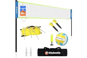 OLYBEAKA Portable Outdoor Volleyball Net Set for Backyard Beach with Adjustable Poles, Soft PU Volleyball & Pump, Carry Bag and Durable Anti-Sagging Net