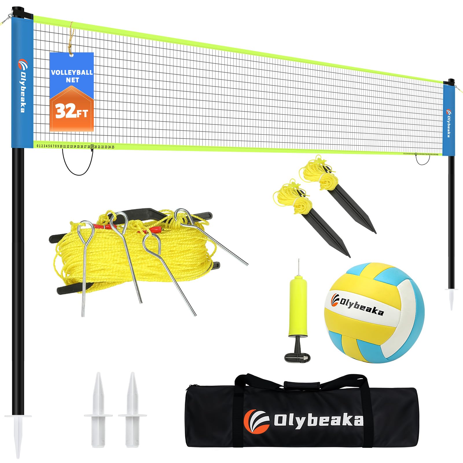 Photo 1 of Portable Outdoor Volleyball Net Set for Backyard Beach with Adjustable Poles, Soft PU Volleyball & Pump, Carry Bag and Durable Anti-Sagging Net 32ft