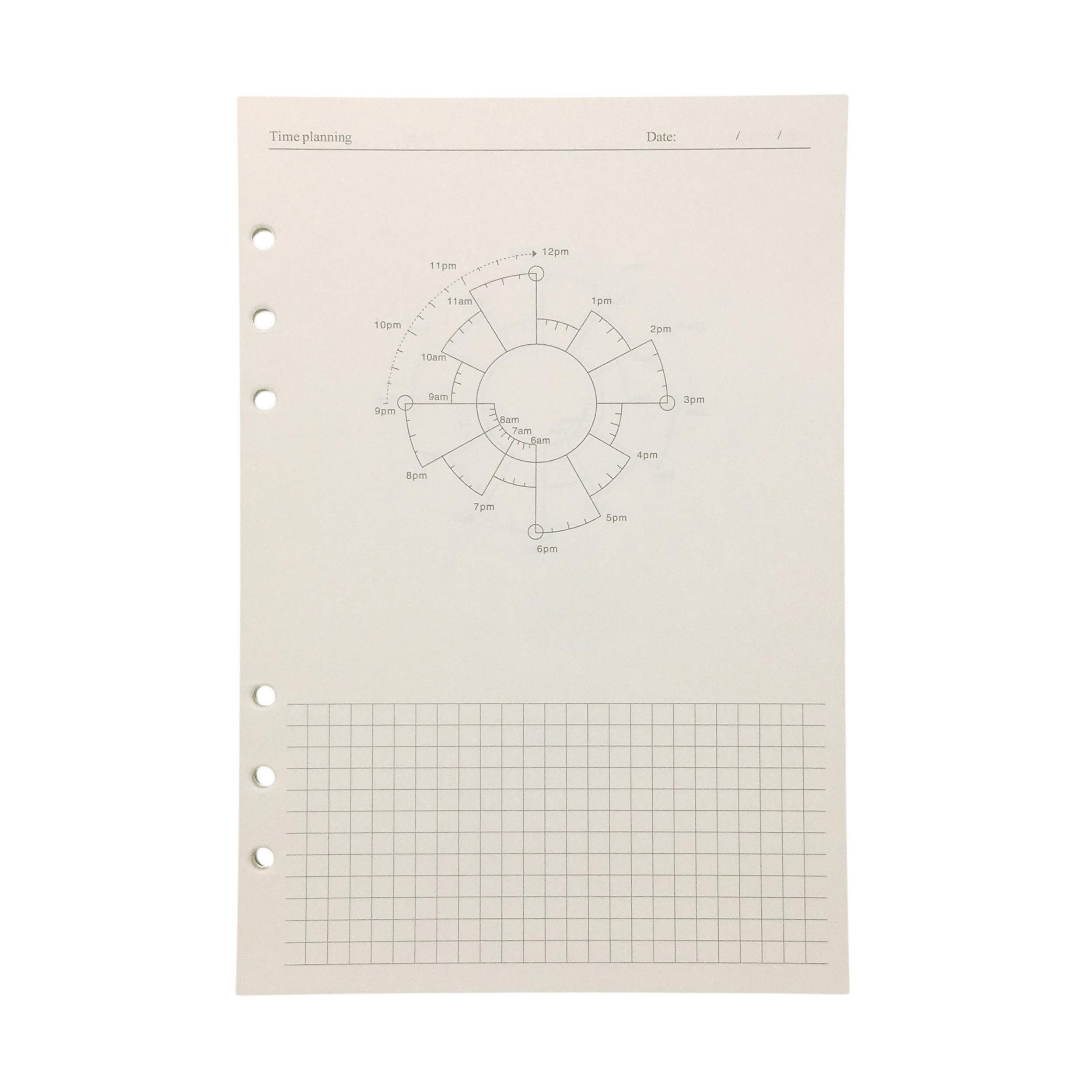 Refiller for 21cm Plastic A5 6-Holes Cover Round Ring View Binder File Folder (A5 Time Planning Refill Paper, 1 Package)