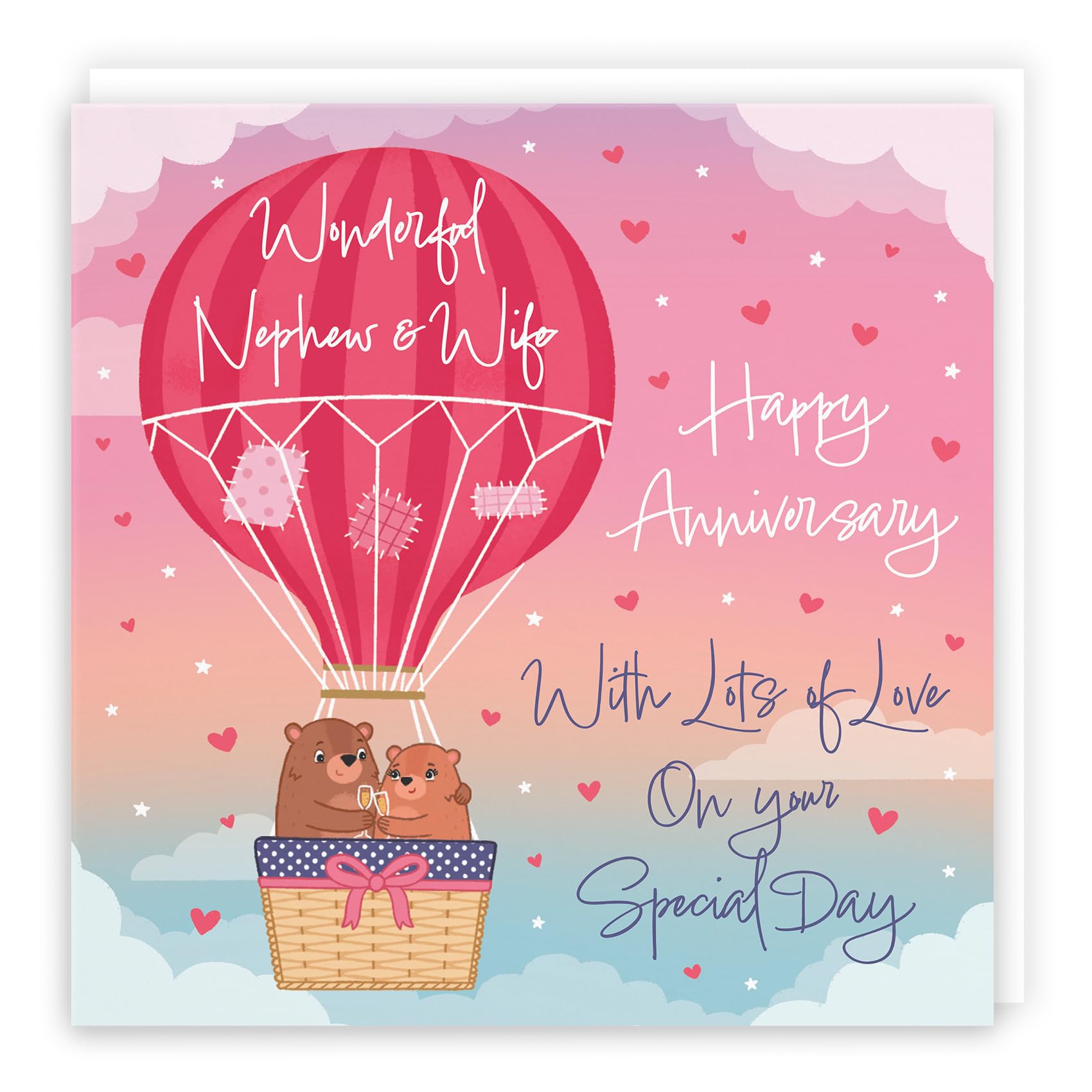 Hunts England - Large Nephew And Wife Hot Air Balloon Anniversary Card - Cute Bears Collection - Anniversary Card For Nephew And Wife - Champagne And Love Hearts - 210 x 210 mm