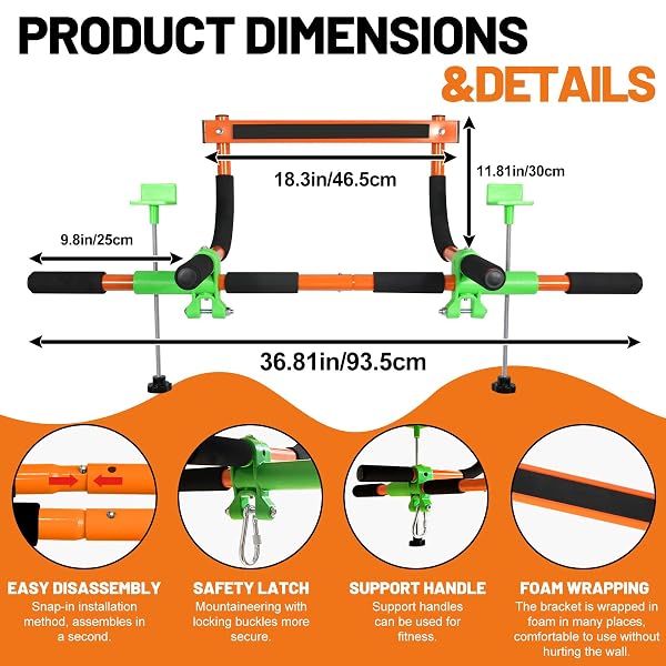 DOORWAY SWING FOR KIDS & DOOR PULL UP BAR FOR ADULTS, INDOOR KID SWING WITH 4 ACCESSORIES, MULTI-FUNCTION DOORWAY GYM, FITS DOOR FRAME 24.41-30.51” W X 3.94-6.69” THICKNESS (ORANGE)
