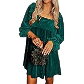 miduo Womens Loose Fit Square Neck Long Sleeve Velvet Mini Babydoll Dresses Shift Dress