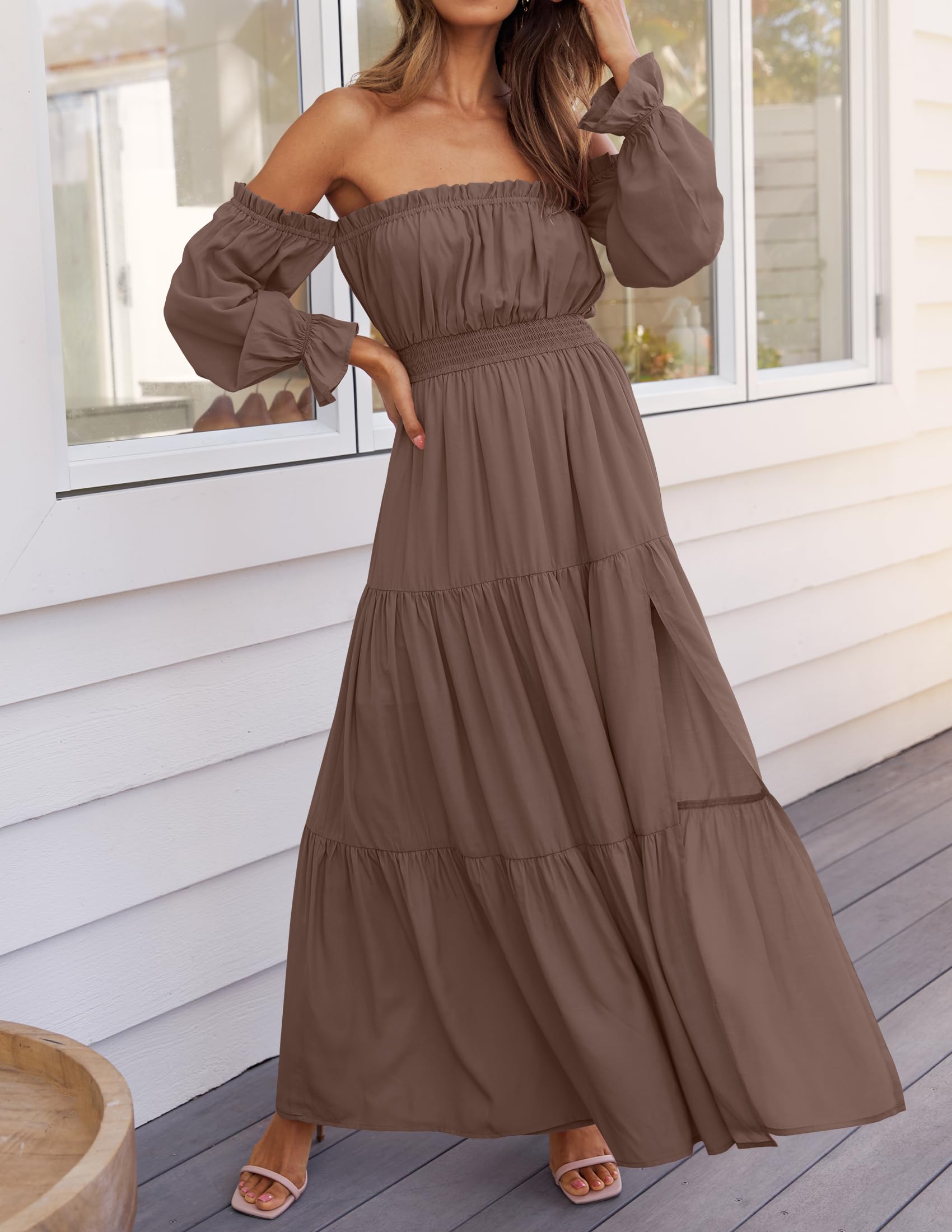 ZESICA Women's 2025 Boho Sexy Off Shoulder Long Sleeve Smocked High Waist Side Split Flowy A Line Tiered Long Maxi Dress