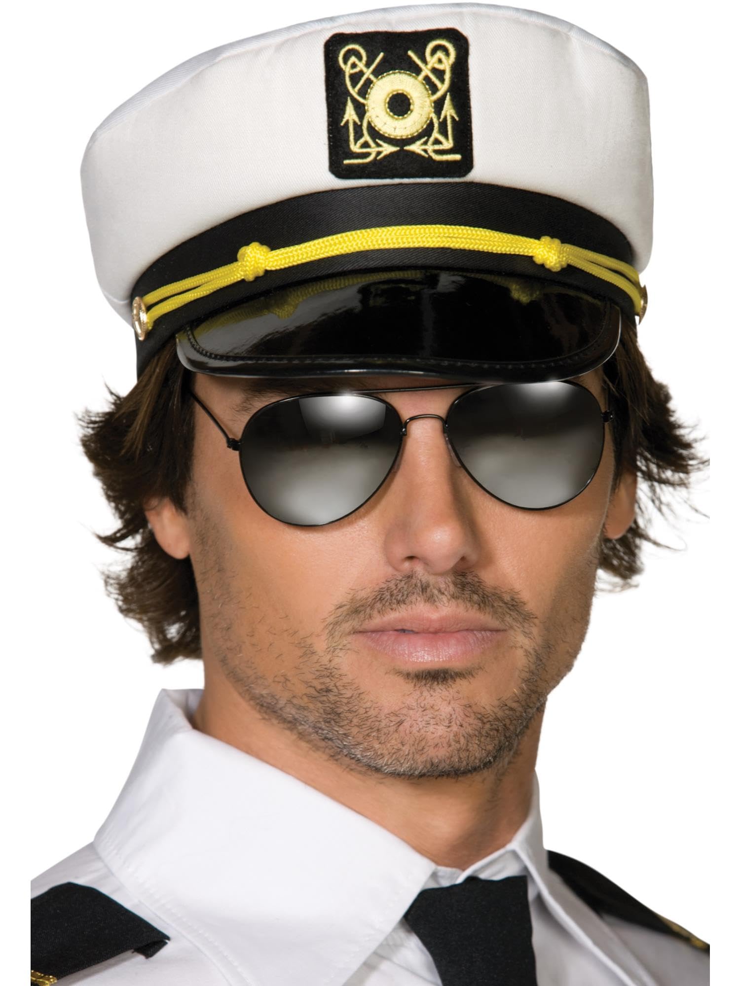Smiffys Captains Cap, White Fabric with PVC Peak, Land, Sea and Air Forces Fancy Dress, Captain Dress Up Hats Halloween