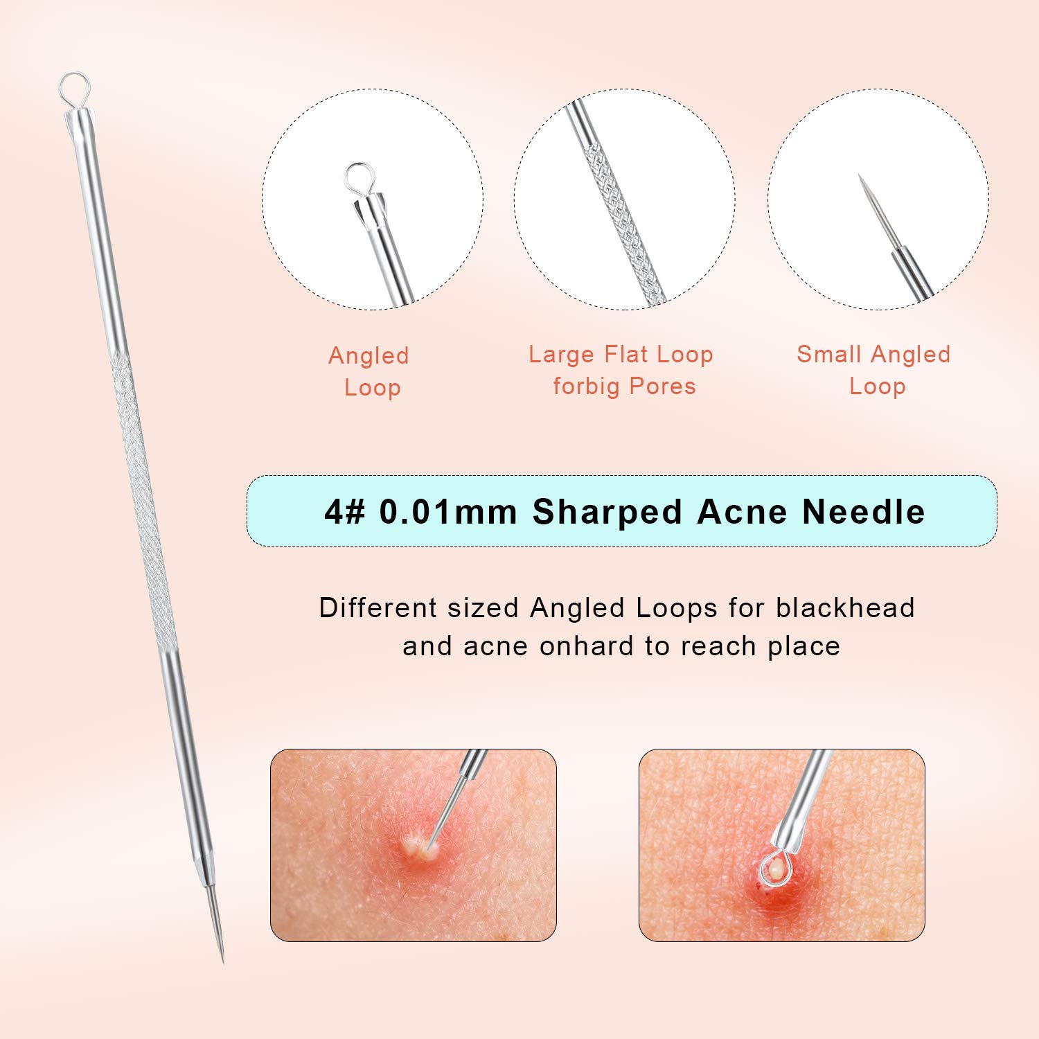 4pcs Blackhead Extractor, Blackhead Remover Pimple Extractor Tool, Comedone Acne Removal Kit, Blemish Whitehead Popping Zit Removing, Professional Stainless with Portable Box for Nose Face: Beauty