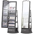 HWB Full-length Mirror Jewelry Cabinet Standing with Lights - Ample Storage Drawer, 360° Rotating, Book Shelf, 3 Colors LED Lighting - Stand up Mirror with Jewelry Storage Armoire Box Organizer, Grey