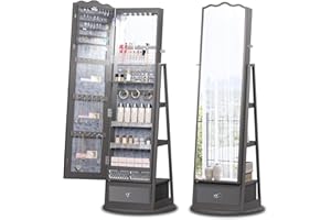 HWB Full-length Mirror Jewelry Cabinet Standing with Lights - Ample Storage Drawer, 360° Rotating, Book Shelf, 3 Colors LED Lighting - Stand up Mirror with Jewelry Storage Armoire Box Organizer, Grey