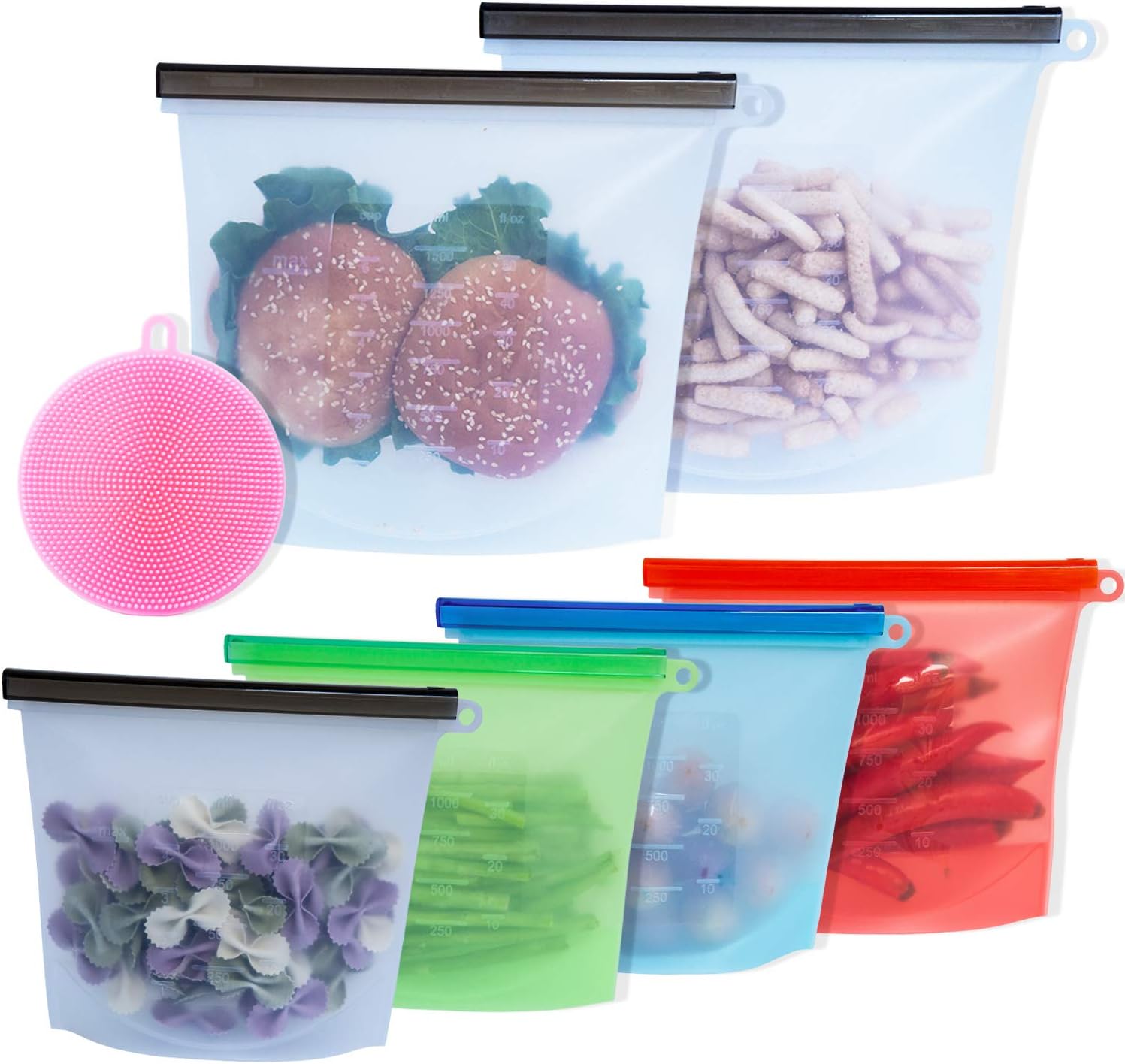 Reusable Silicone Food Bags Set of 6 Size(2 Large&4 Medium)Silicone Bags Reusable for Soups Sandwich Bags Food Versatile Preservation Bags Liquid Snack Lunch Fruit Freezer Vegetable Meat Pet Food Bag