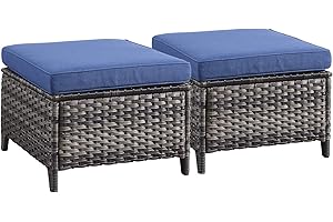 Rilyson Outdoor Ottoman Wicker Patio Ottomans - 2 Piece Footrest Footstools Set Rattan Outdoor Ottomans for Patio with Thick Cushions(Mixed Grey/Blue)