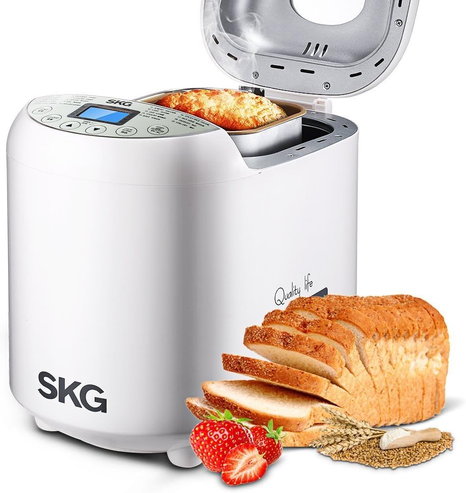 SKG Automatic Bread Machine 2LB - Beginner Friendly Programmable Bread Maker (19 Programs, 3 Loaf Sizes, 3 Crust Colors, 15 Hours Delay Timer, 1 Hour Keep Warm) - Whole Wheat Gluten Free Breadmaker