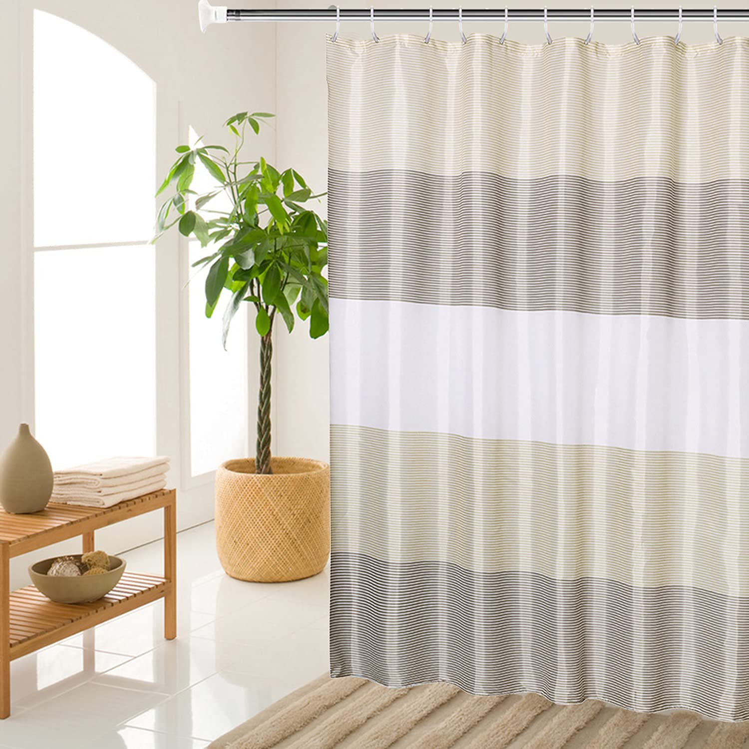 MORNITE Beige Shower Curtains for Bathroom, Shower Curtain Gold Tan Taupe Brown Grey White Neutral Striped Waterproof Fabric with 12 Plastic Hooks, 72"x72"