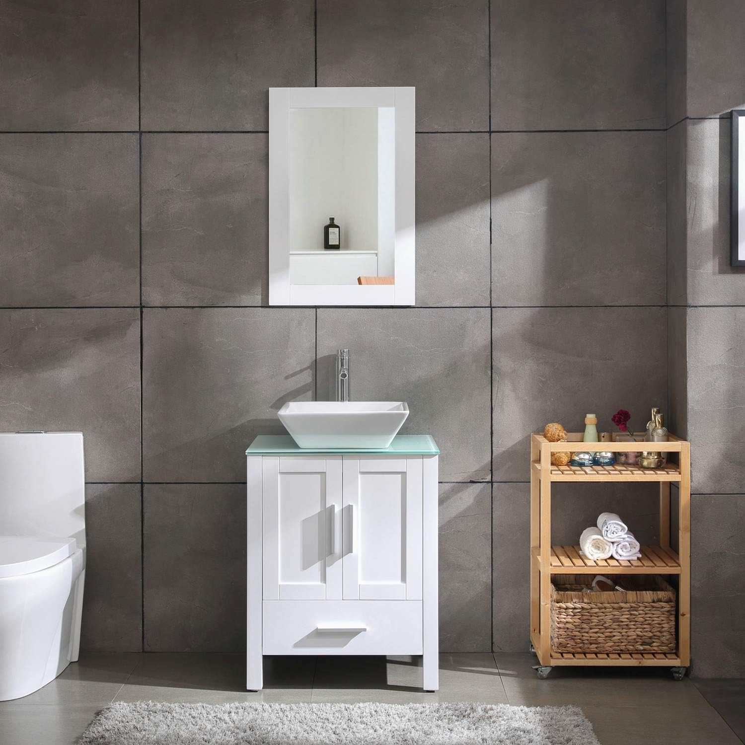 Amazon Com Homecart 24 White Bathroom Vanity Cabinet And Sink Combo Modern Mdf With Mirror Tempered Glass Counter Top Vessel Sink Faucet And Pop Up Drain Kitchen Dining