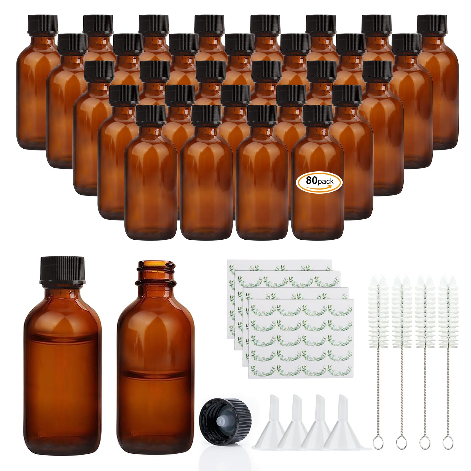 Maredash Maredash 2 oz Amber Glass Bottles, Small Boston Round Glass Bottles (80 Pack) with Leak-proof Caps, Refillable Container for Homemade Extract, Essential Oils, Herbal Medicine and More