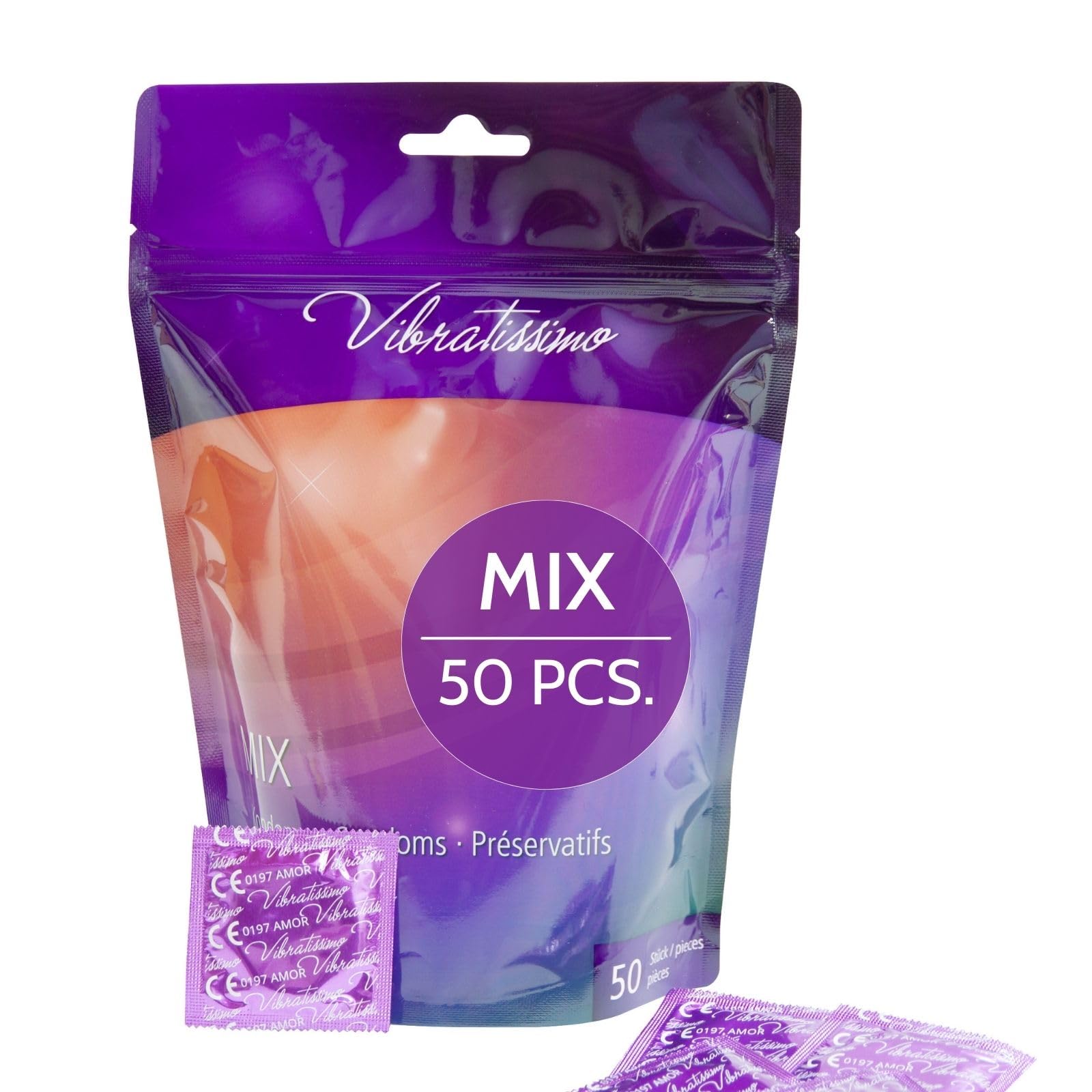 VIBRATISSIMO Condoms Mix 50-Pack I Feel-Real & Extra Lubricated I Condoms for Men I Bag Thin Wall Thickness & Aromatized I Kondoms Ultra-Thin Nubbed & Ribbed