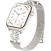 FRTXO Thin Mesh Loop Compatible with Apple Watch Bands for Women 40mm 41mm 38mm 42mm Series 10 9 8 7 6 5 4 3 2 1 SE, Metal Stainless Steel Magnetic Strap with Clover Diamond Clasp for iWatch Bands