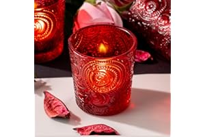 ART SECRET 6 Pack Sun Moon Star Embossed Glass Tea Light Candle Holders - Votive Candle Holders for Wedding, Party, Home Decor, and Table Centerpieces (Ruby Red)
