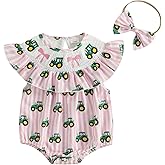 CIYCUIT Baby Girl Smocked Romper Bow Tractor Print Bodysuits Jumpsuits with Headband