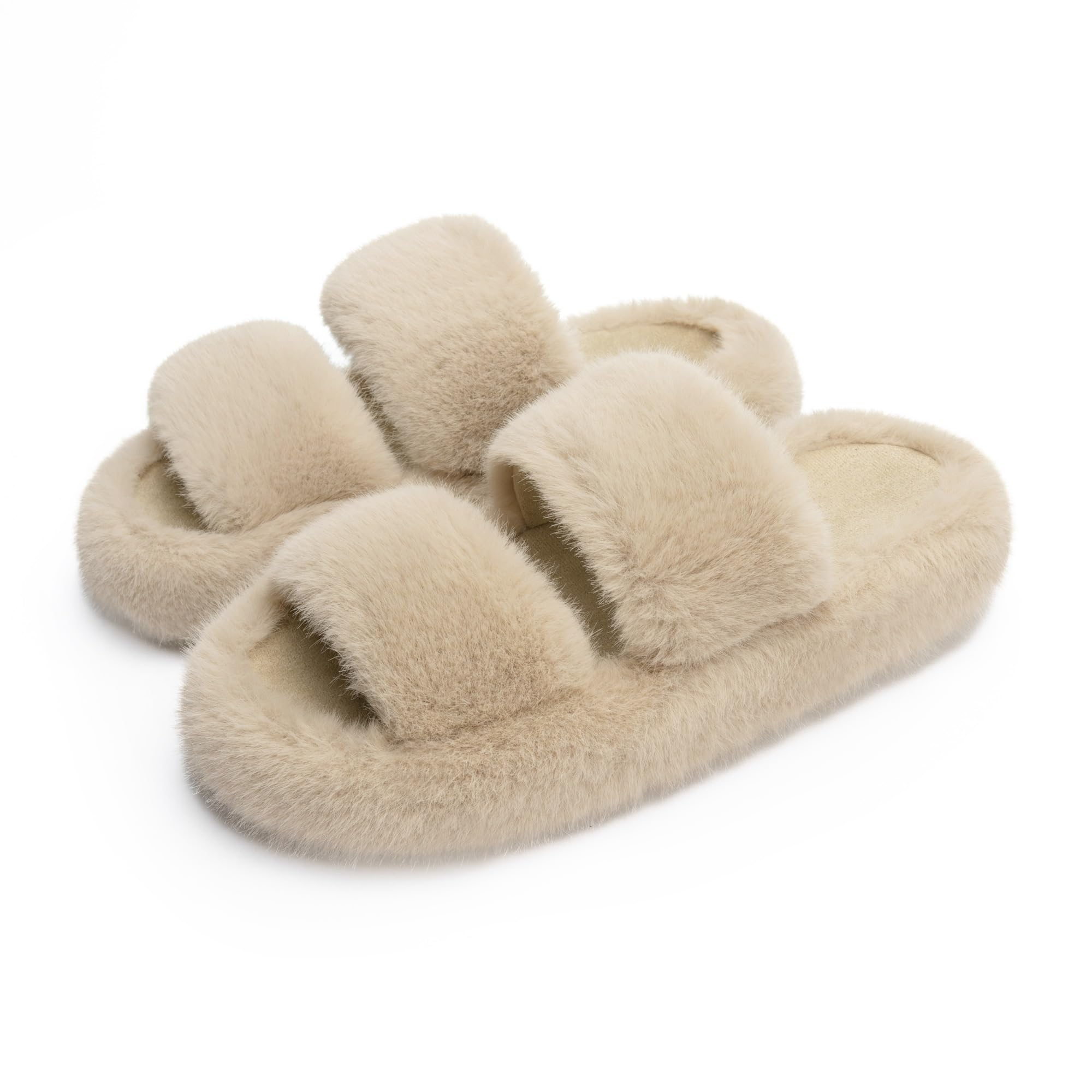 Photo 1 of Chantomoo Women's Memory Foam Fuzzy Faux Fur House Shoes - Furry Bedroom Indoor Open Toe Slippers - Two Bands Trendy Gift Slippers - Camel Size 8.5, 9, 10