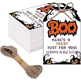 SerpizePaty 50Pcs Halloween Gifts Tags with String, 3.3x2.1 Inch Happy Halloween Tags for Goodie Bags, Halloween Name Tags for Holiday Party Candy Bag Party Favor DIY Craft