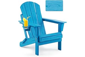 Serique Folding Adirondack Chair, Patio Chair Weather Resistant, Outdoor Chair Wood Texture, Lawn Chair with Cup Holder, Fire Pit Chair for Deck,Outdoor,Porch,Backyard,Garden (Pacific Blue)